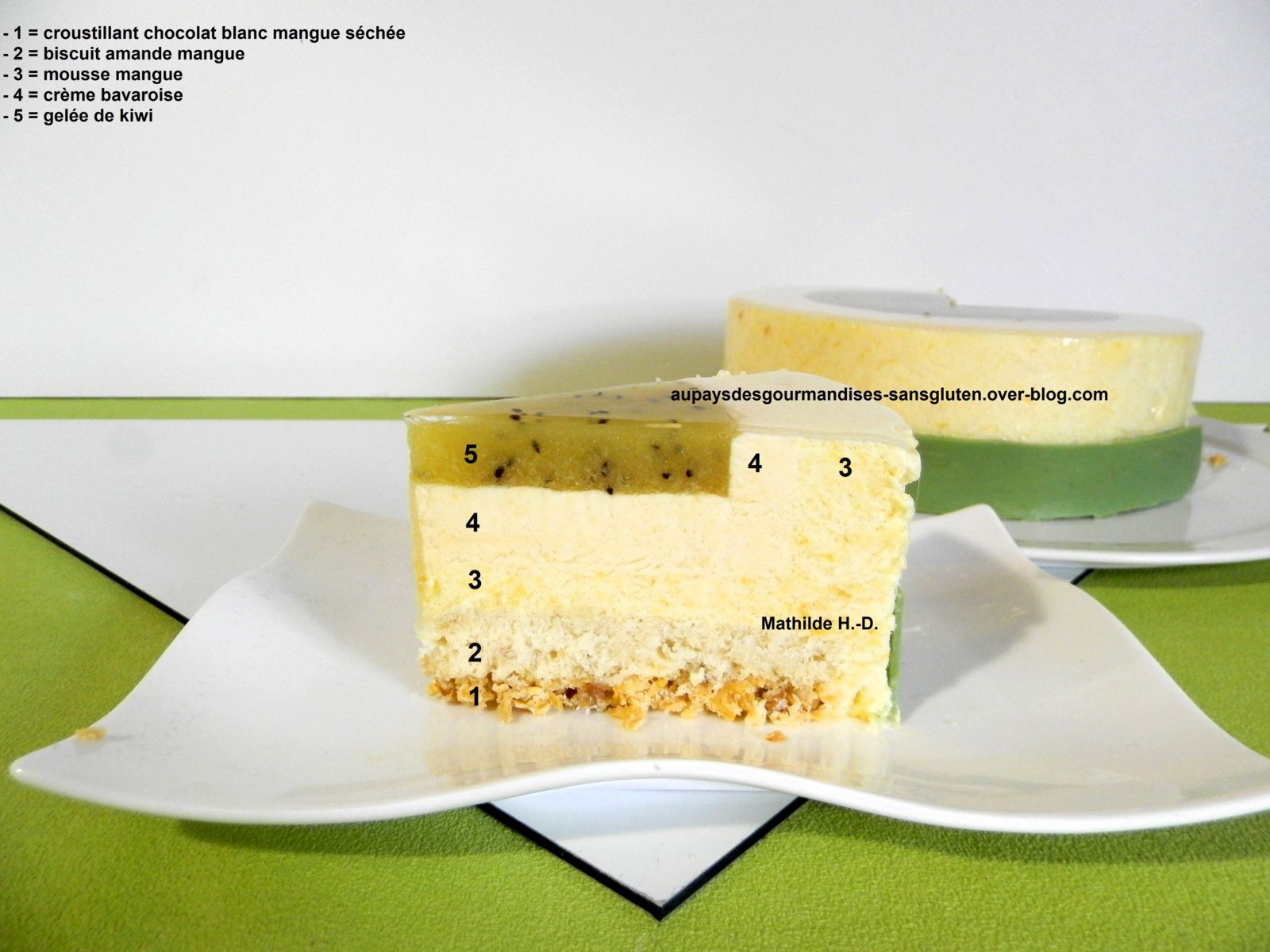 Entremets KIWI MANGUE d'après Autour du Sucre : croustillant chocolat blanc mangue séchée, biscuit amande mangue, mousse mangue, crème bavaroise, gelée de kiwi