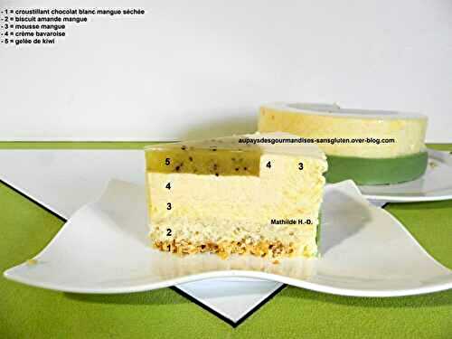 Entremets KIWI MANGUE d'après Autour du Sucre : croustillant chocolat blanc mangue séchée, biscuit amande mangue, mousse mangue, crème bavaroise, gelée de kiwi