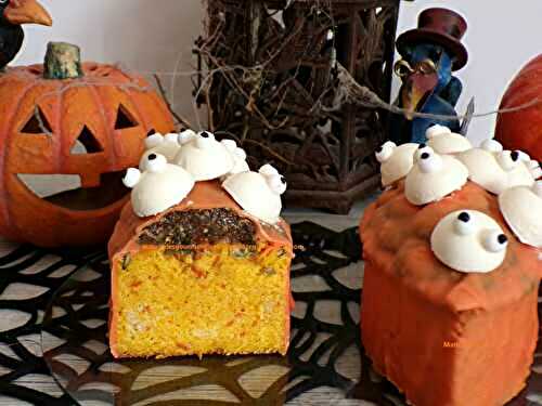 Réinterprétation en mode Halloween du Cake Mélodie de Nicolas Bernardé : cake butternut (ou potimarron), praliné aux graines de courge, ganache montée chocolat blanc