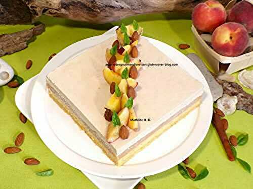 Réinterprétation du Pêcher Provençal de Nicolas Bacheyre : crumble amande, biscuit amande, confit de pêches blanches, ganache montée basilic, quartiers de pêches jaunes