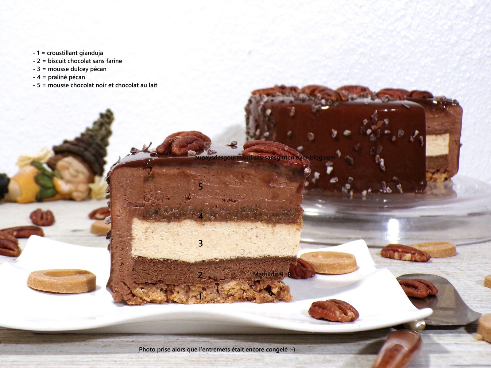 Klassik Chocolat Pécan d'après Christophe Michalak : croustillant gianduja, biscuit chocolat sans farine, mousse Dulcey pécan, praliné pécan, mousse chocolat noir et lait, glaçage miroir chocolat noir et lait