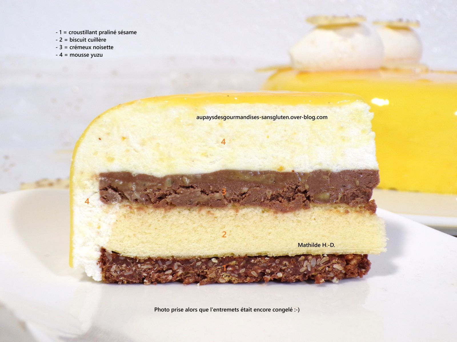 Réinterprétation de SUR UN AIR DU JAPON d'Eric Kayser : croustillant praliné sésame, biscuit cuillère, crémeux noisette, mousse yuzu