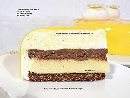 Réinterprétation de SUR UN AIR DU JAPON d'Eric Kayser : croustillant praliné sésame, biscuit cuillère, crémeux noisette, mousse yuzu