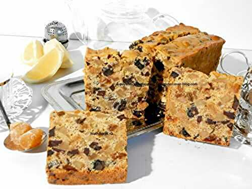 Cake au gingembre confit, raisins secs et pépites de chocolat noir d'après Carole Alter Gusto (sans gluten et sans lactose)