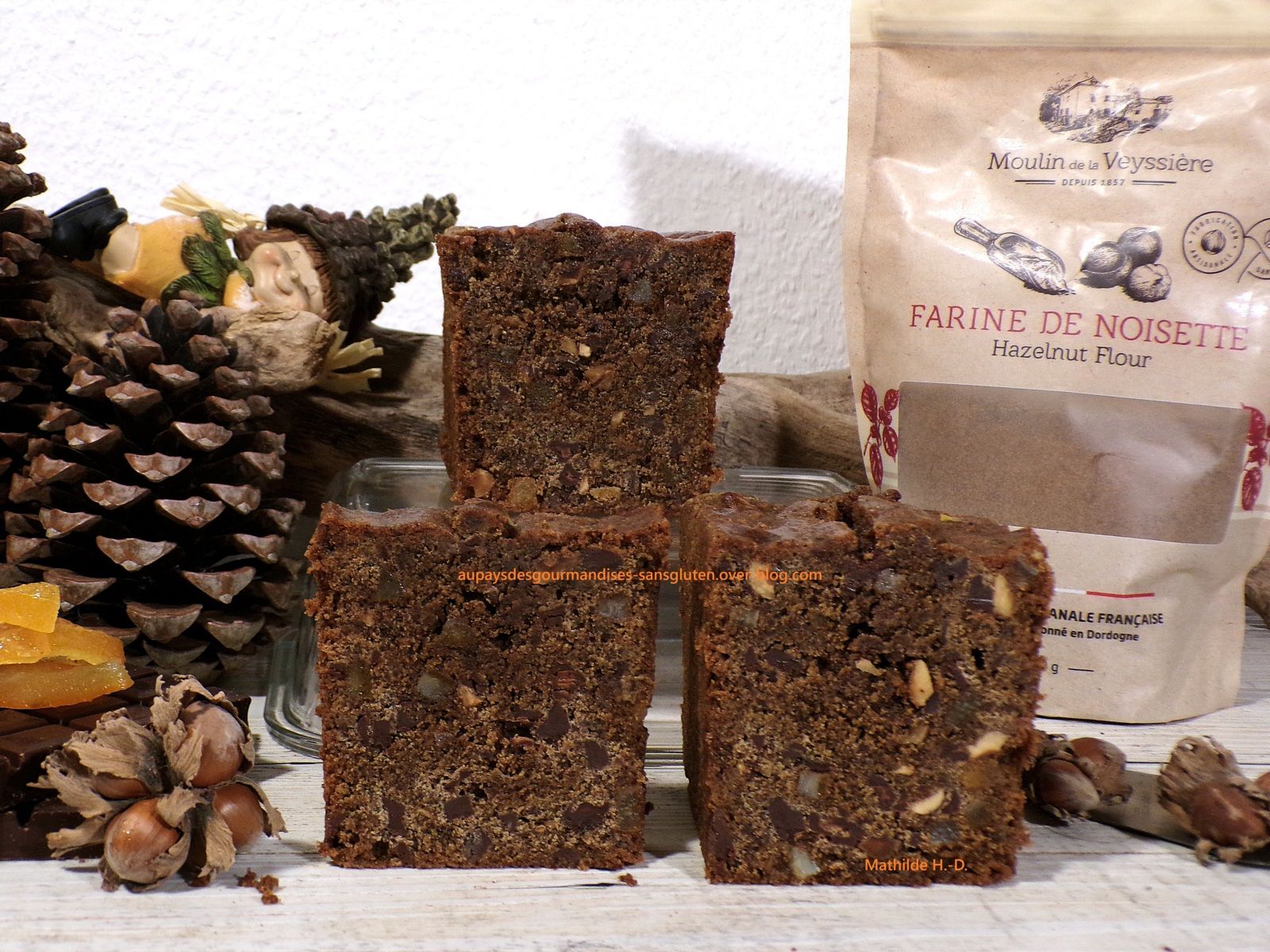 Cake à la farine de noisette, éclats de noisettes, pépites de chocolat noir et dés d'écorces d'oranges confites : sans gluten et sans lactose