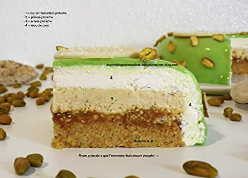 Entremets Pistache Coco d'après Christophe Michalak : biscuit Trocadéro pistache, praliné pistache, crème pistache, mousse coco