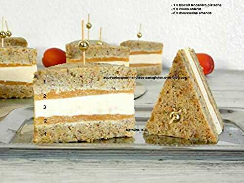 Club Sandwich Pistache Abricot d'après Christophe Michalak : biscuit trocadéro pistache, coulis abricot, mousseline amande