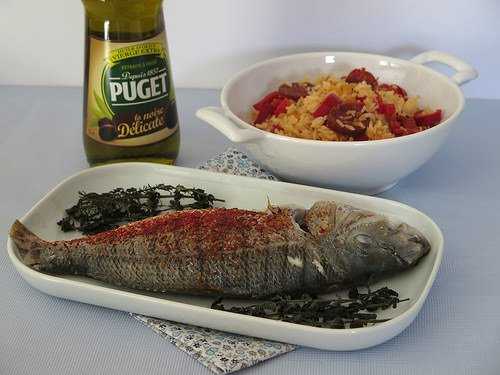 Daurade du Bassin d'Arcachon, huile d'olive & piment d'Espelette, riz sauté aux piments doux des landes et chorizo