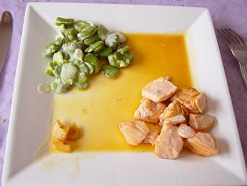 Dés de saumon, sauce carotte, orange et gingembre