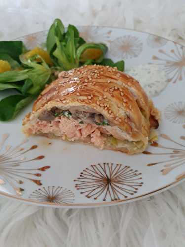 Feuilleté au saumon, poireaux et champignons