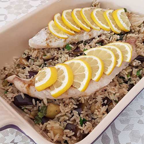 Filet de poisson, riz aux aubergines & cumin