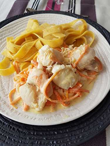 Poêlée de St Jacques & cabillaud à la crème, tagliatelles à la truffe