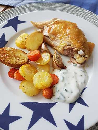 Poulet rôti au citron confit, légumes au raz el hanout & sauce à la menthe