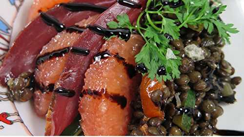 Salade de lentilles au magret fumé