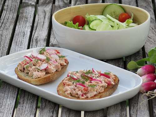 Tartines de pain aux céréales, rillettes de saumon à l'aneth