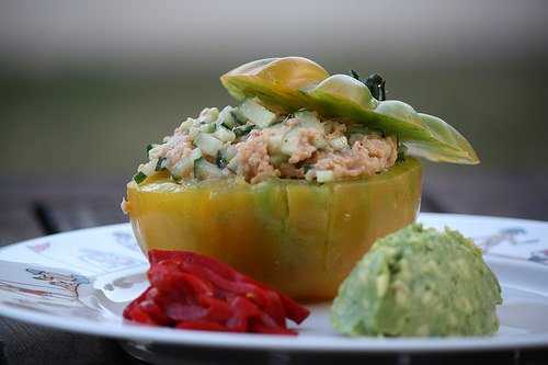 Tomates farcies, rillettes de truite & concombre