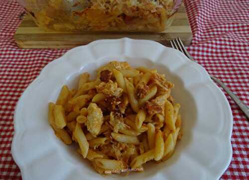 Gratin de pâtes au poulet et chorizo, sauce tomate, au M. cuisine ou pas