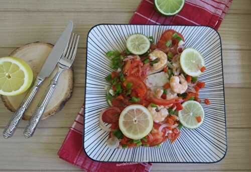 Papillote de cabillaud et crevettes aux deux citrons, tomate et poivrons-light