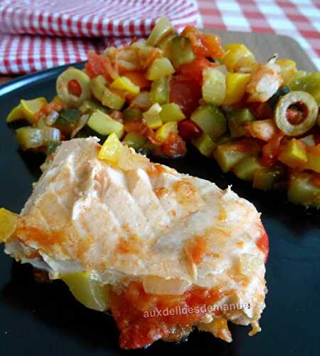 Pavé de saumon et crevettes aux légumes