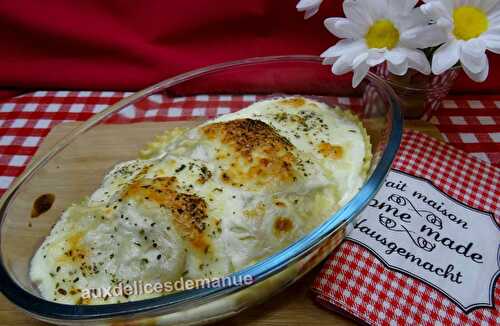 Raviolis aux champignons et Serrano, gratinés à la crème épaisse et mozzarella