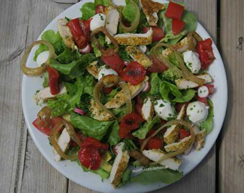 Salade au poulet épicé, légumes crus et grillés, mozzarella