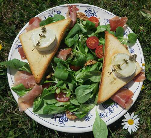 Salade toasts de chèvre chauds, jambon cru, tomates cerises et noix