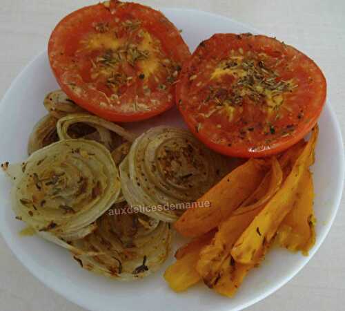 Tomates, carottes et oignons moutardés, au grill-plancha