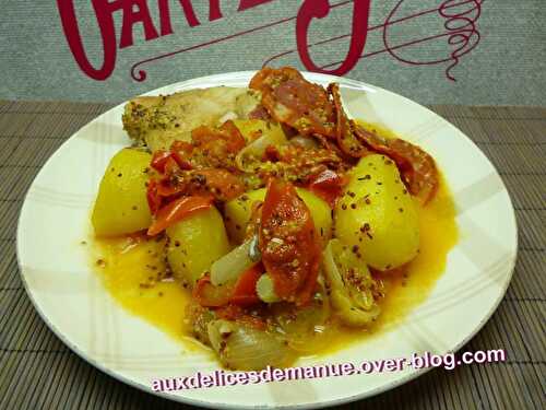 Cuisse de poulet au chorizo, pommes de terre et sauce moutarde