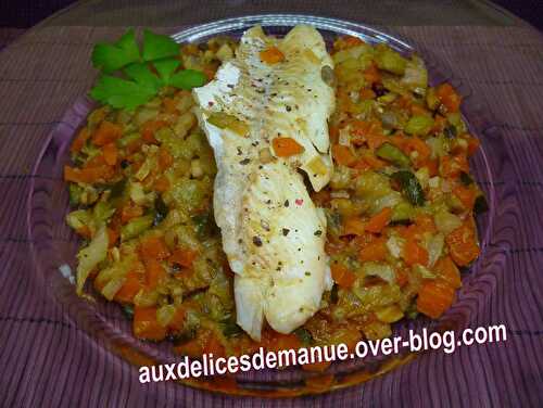 Filet de merlan sur compotée de légumes au cidre et balsamique blanc