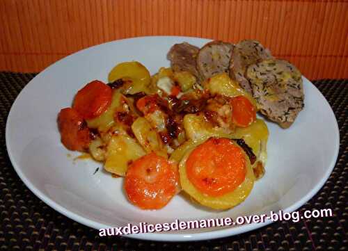 Filet mignon de porc aux pommes de terre, carottes et gorgonzola