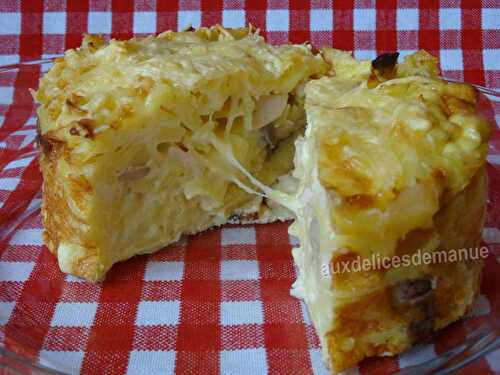 Gratin de pâtes aux champignons, raclette et jambon(cuisine des restes)