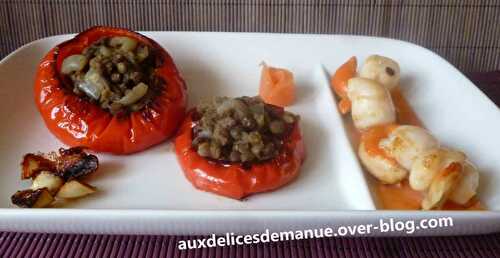 Noix de Saint-Jacques sur saumon fumé et poivron rouge aux lentilles