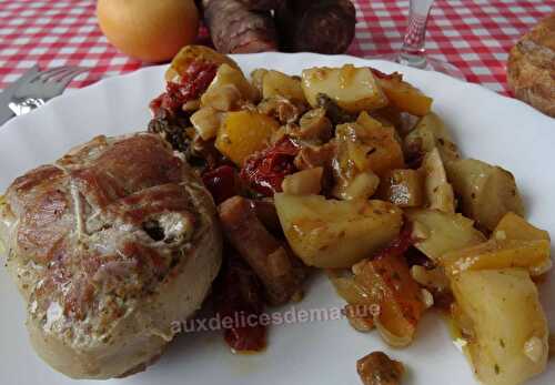 Paupiettes de veau aux topinambours, boule d'or et champignons cuisinés