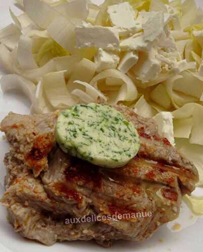 Pavé de veau mariné et son beurre ail et persil au barbecue