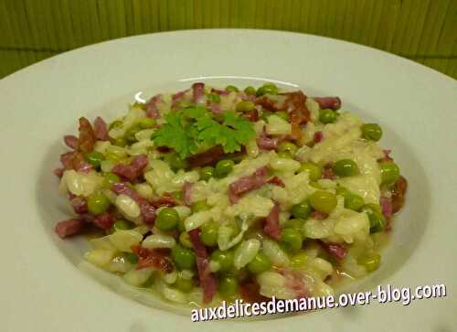 Risotto petits pois-bacon-gorgonzola-tomates confites