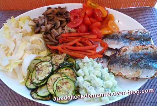 Salade de légumes crus et grillés et ses sardines