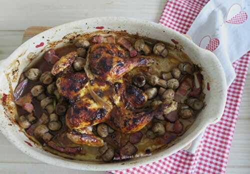 Coquelet en crapaudine mariné et champignons au four