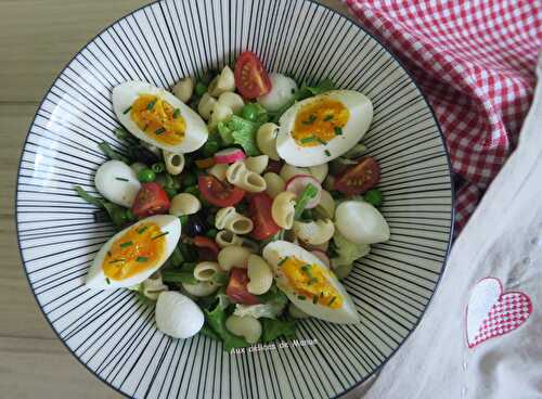 Salade de pâtes aux petits pois, haricots verts, tomates cerise, mozzarella et œufs durs
