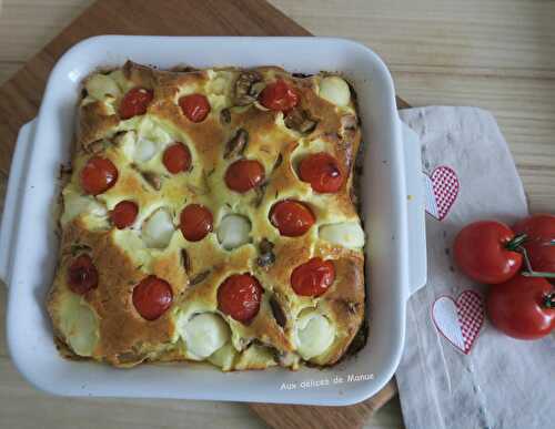 Flan salé aux champignons, billes de mozzarella et tomates cerises