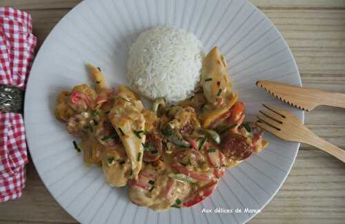 Aiguillettes de poulet à la crème de chorizo poivron et tomates confites