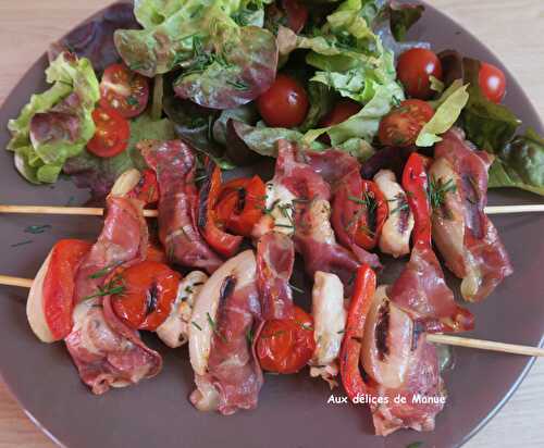 Brochettes de poulet mariné au poivron enroulé de coppa, au grill-plancha