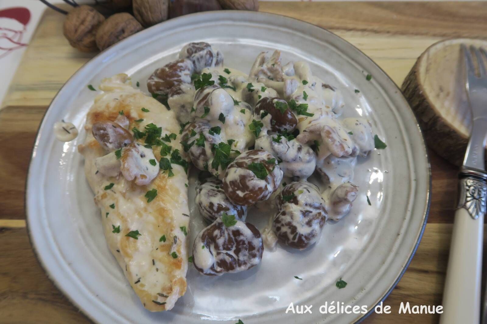 Blanc de poulet aux giroles et châtaignes 