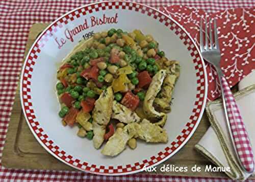 Blanc de poulet aux pois chiches, petits pois et poivron à la crème au curry - light