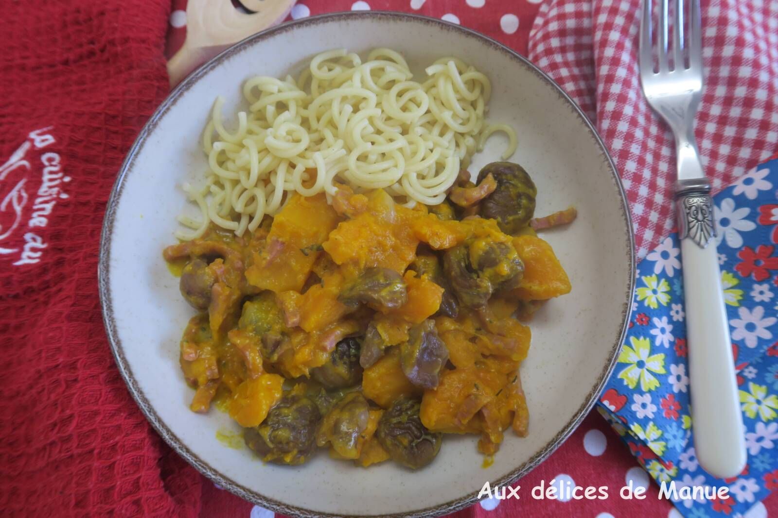 Poêlée de potimarron aux châtaignes, à la crème et au bacon