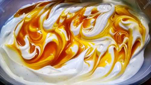 Crème glacée à la vanille et coulis de mangue et abricots