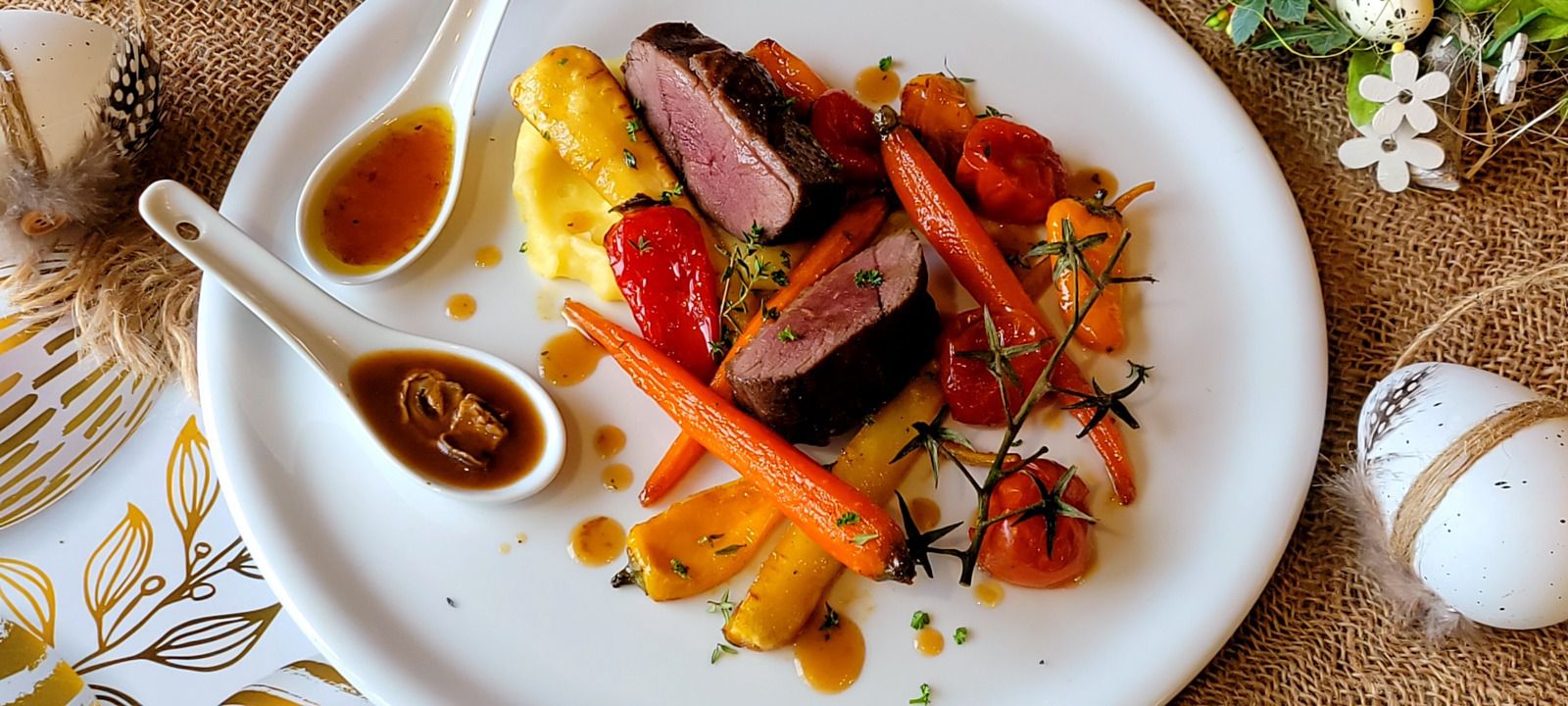 Magret de canard et ses légumes rôtis au miel