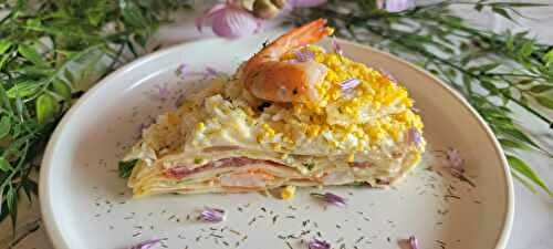 Gâteau de crêpes saumon et crevettes