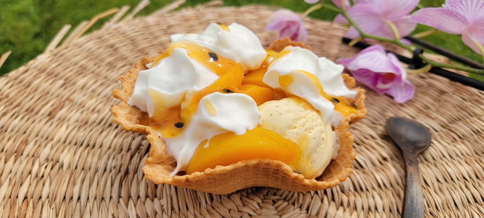 Glace pêche, vanille, passion
