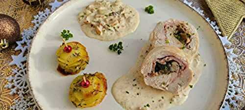 Ballotines de poulet, bacon, champignons et Millefeuille de pommes de terre au thym et à l'ail