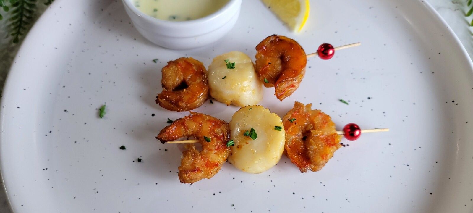 Brochettes crevettes, noix de St Jacques 